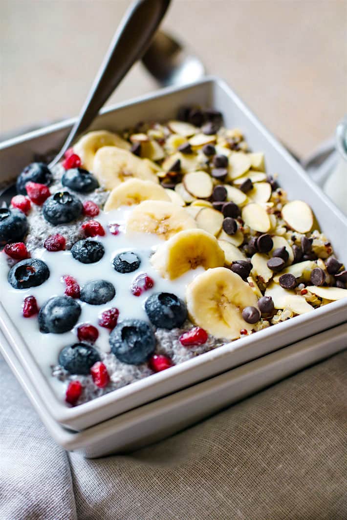 Real energy from real food! These gluten free breakfast power bowls are made with soaked quinoa and chia seed. The proper preparation for these antioxidant rich bowls can help POWER you through the day! Oh and they are SUPER delicious. VEGAN freindly