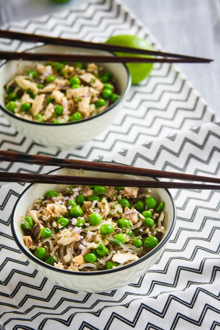 Spring Pea and Onion Gluten Free Noodle Bowls; a light but flavorful Spring dish! Made gluten free with vermicelli rice or kelp noodles and great with seafood, chicken, or tofu! Ready in 30 minutes or less.