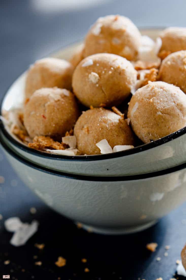 Grain Free Coconut Peanut Butter Protein Bites! A rich flavor but packed with protein! These NO BAKE vegan protein bites are lower in sugar and carbs. Great for summer treats!