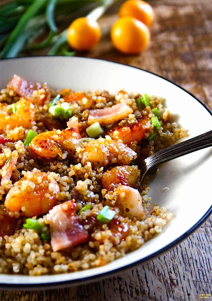 Apricot Bacon Glazed shrimp - A super EASY and flavorful shrimp dish that your whole family will love! It's gluten Free, healthy, and has a sweet savory sauce to DIE FOR!