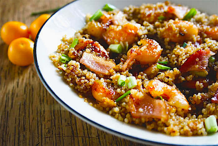 Apricot Bacon Glazed shrimp - A super EASY and flavorful shrimp dish that your whole family will love! It's gluten Free, healthy, and has a sweet savory sauce to DIE FOR!
