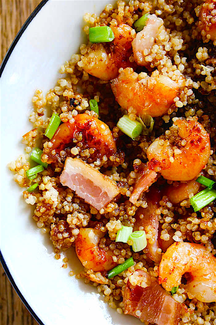 Apricot Bacon Glazed shrimp - A super EASY and flavorful shrimp dish that your whole family will love! It's gluten Free, healthy, and has a sweet savory sauce to DIE FOR!