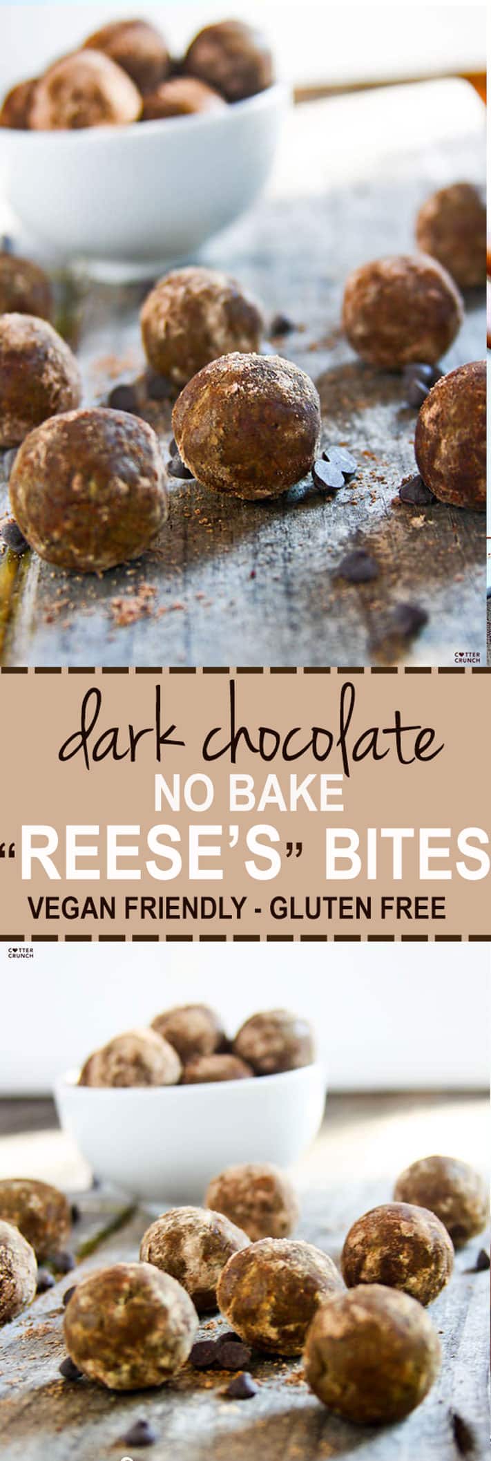 grain free dark chocolate cocoa Reese’s protein bites recipe! a superfood snack that’s delicious, no bake, and protein packed! Real food ingredients that taste REAL GOOD! #vegan friendly