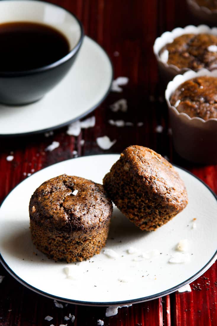 These paleo muffins are a healthy dessert for coffee lovers! Espresso Coconut Muffins are light in texture with a decadent coffee and coconut taste. The muffins recipe is easy to make with simple ingredients. #paleomuffins #coconutmuffins #grainfree #coffee paleo muffins made with coconut and espresso
