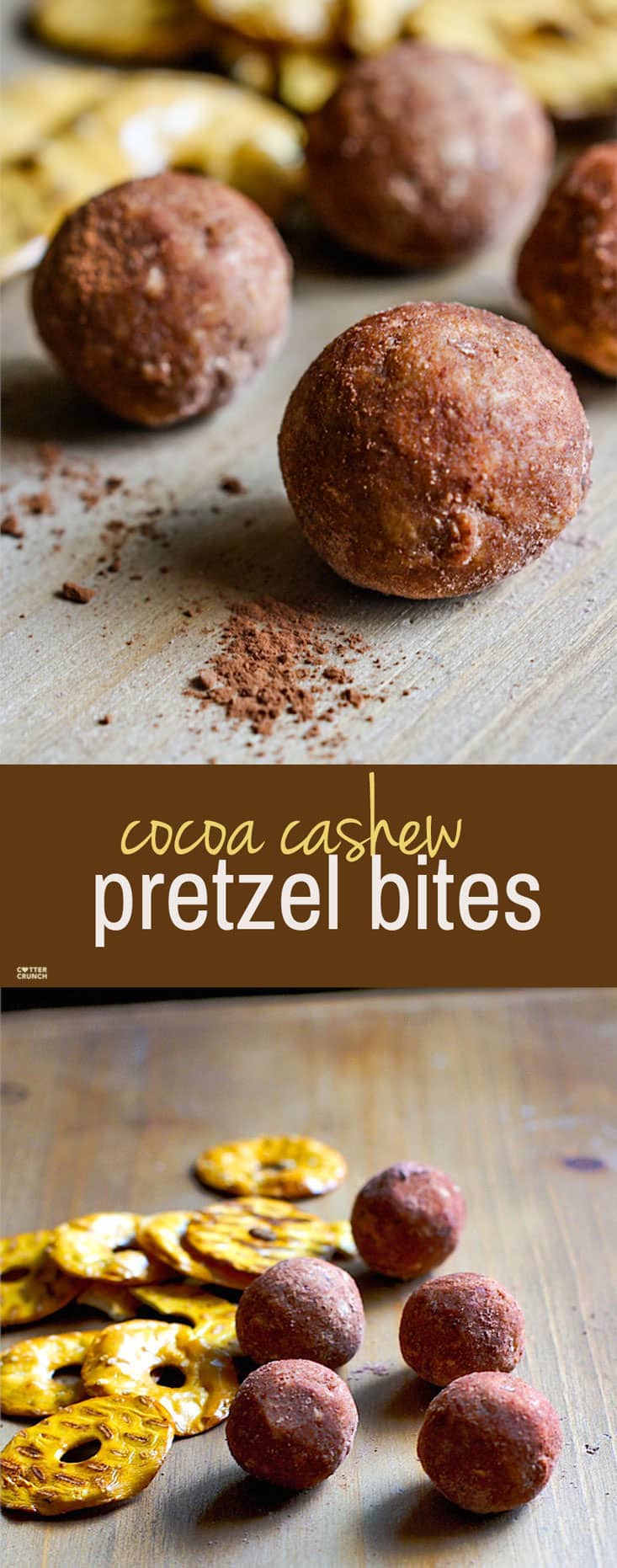 Cocoa Cashew Pretzel Gluten Free Energy Bites! A sweet and salty combo that takes snacking to a whole new level! Dark Cocoa, Cashews, honey, peanut butter, and gluten free pretzel chips all packed into one healthy no bake energy bite! Great for kids, post workout refueling, or just as an afternoon snack!