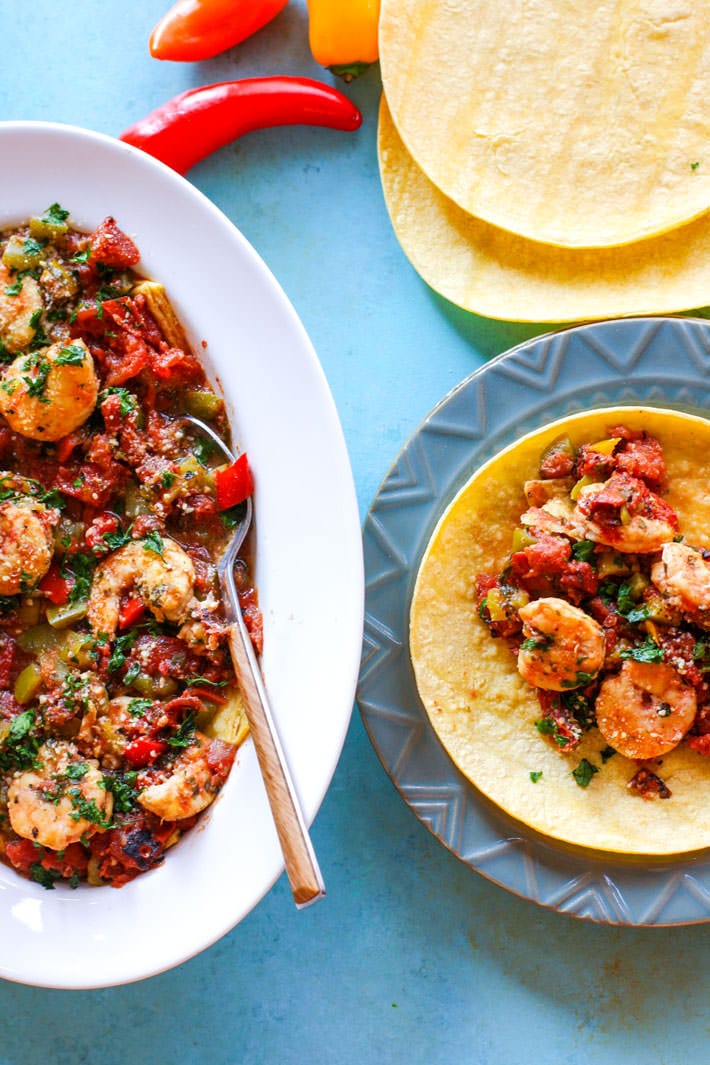 Gluten Free Crock Pot Fire Roasted Shrimp Tacos! We love making crock pot tacos. This recipe requires little prep, but produces tons of flavor and nutrients! Great for busy days and easy dinners!