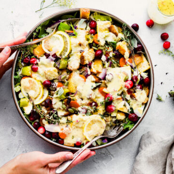 Overhead view stuffing salad with cranberries in serving bowl drizzled with sweet onion dressing.