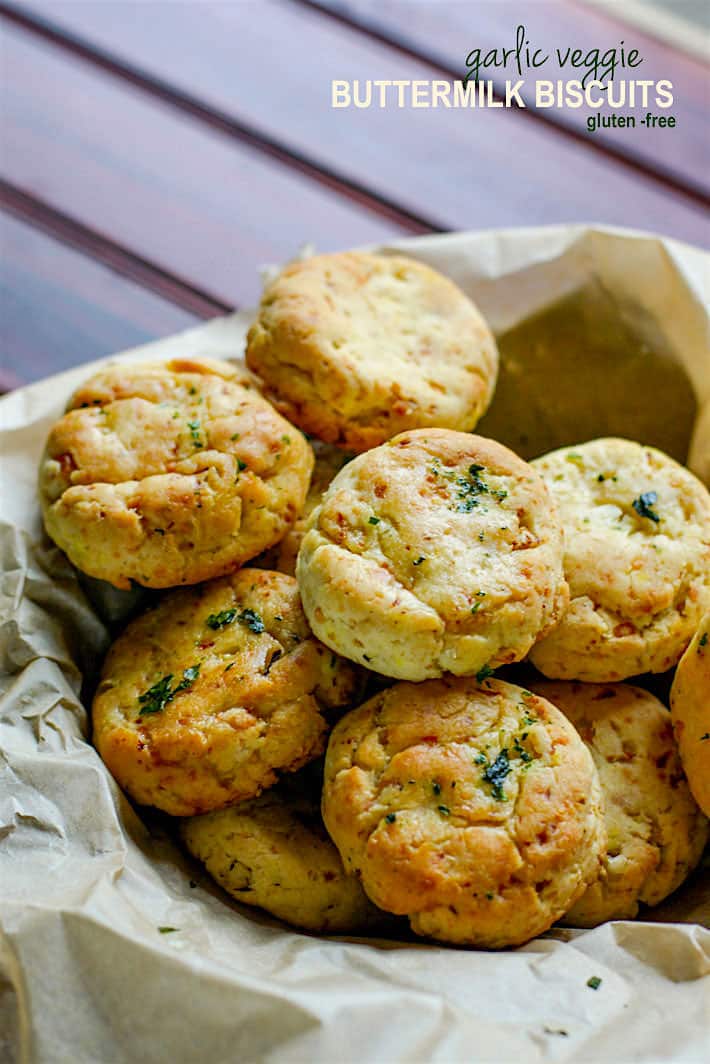 Easy Homemade Gluten Free Buttermilk Biscuits! These gluten free buttermilk biscuits are so delicious, healthy, and packed with extra veggies for great texture and taste. A great way to sneak in more vegetables to your diet without even knowing. Simple to make, ready in 30 minutes, and a total crowd pleaser for both gluten free and non gluten free eaters! Egg free, Yeast Free.