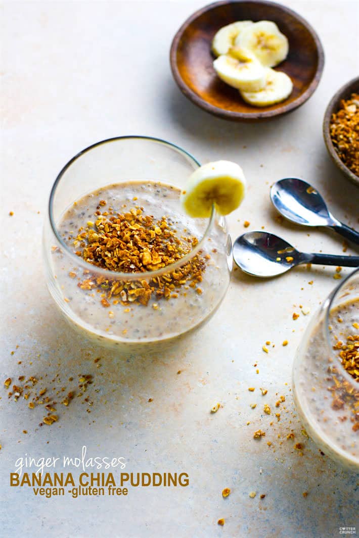 Vegan Ginger Molasses Banana Chia Pudding! This gluten free chia pudding recipe is definitely one to keep around! Taste like a dessert! Simple to make! But more importantly, the key ingredients (ginger, molasses, banana, chia) work together in harmony to create one IMMUNITY boosting recipe! Which is needed for the holiday season or any time of year. www.cottercrunch.com