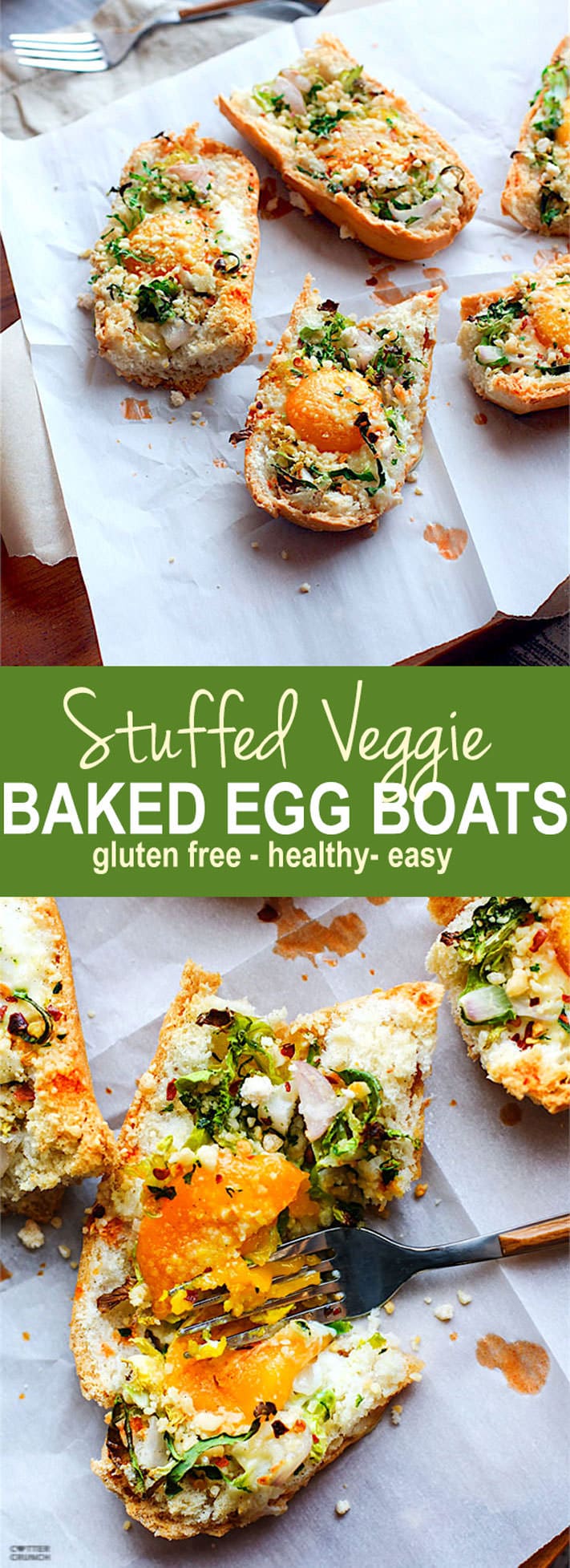Healthy and gluten free Vegetable Stuffed Baked Egg Boats! For breakfast, brunch or dinner! These veggie packed baked egg boats are super easy, super healthy, and a tasty vegetarian meal that everyone enjoys! www.cottercrunch.com