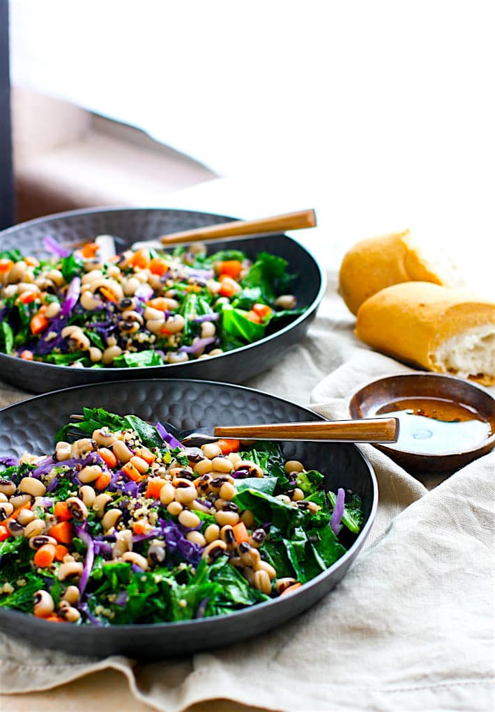 Vegan Rainbow Power Greens Salad with Black Eyed Peas. A healthy gluten free power greens salad packed with lucky black eyed peas and super nutrients. A great way to start off the new year and get back on track with clean eating. Easy to make and full of flavor!
