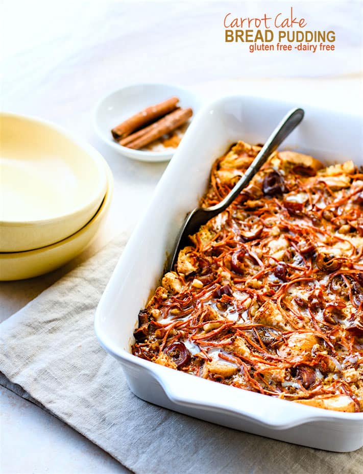 gluten free carrot cake bread pudding casserole (dairy free). EASY to Make ahead! A Healthier gluten free carrot cake recipe in breakfast form and dairy free! @cottercrunch