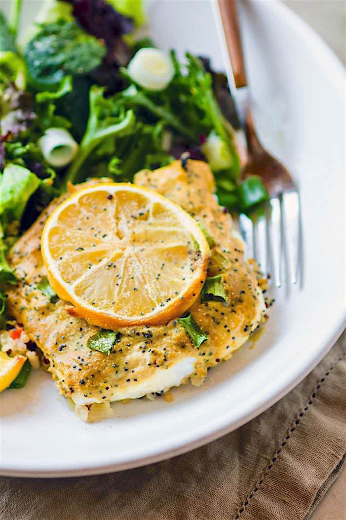 Maple mustard poppy seed baked cod - Super simple maple mustard poppy seed sauce that is the perfect pair with baked cod! A Quick, Healthy, A light low calorie and Paleo friendly meal that's equally delicious!