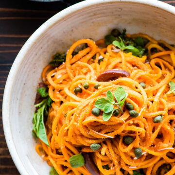 Italian sweet potato spaghetti in a bowl