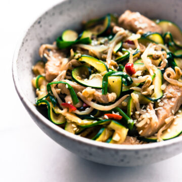bowl of turkey chow fun zucchini noodles stir fry