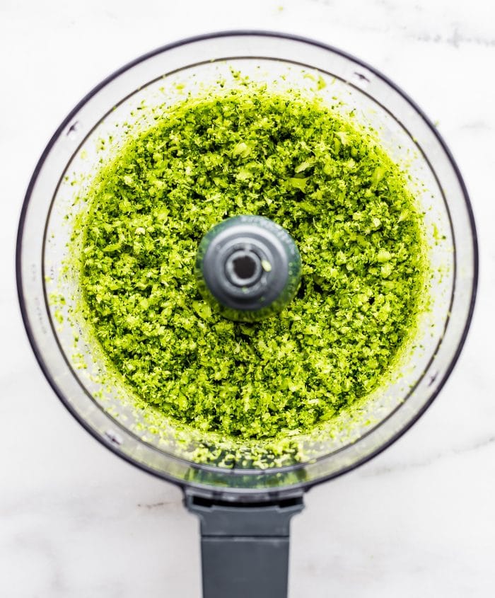 broccoli riced in a food processor