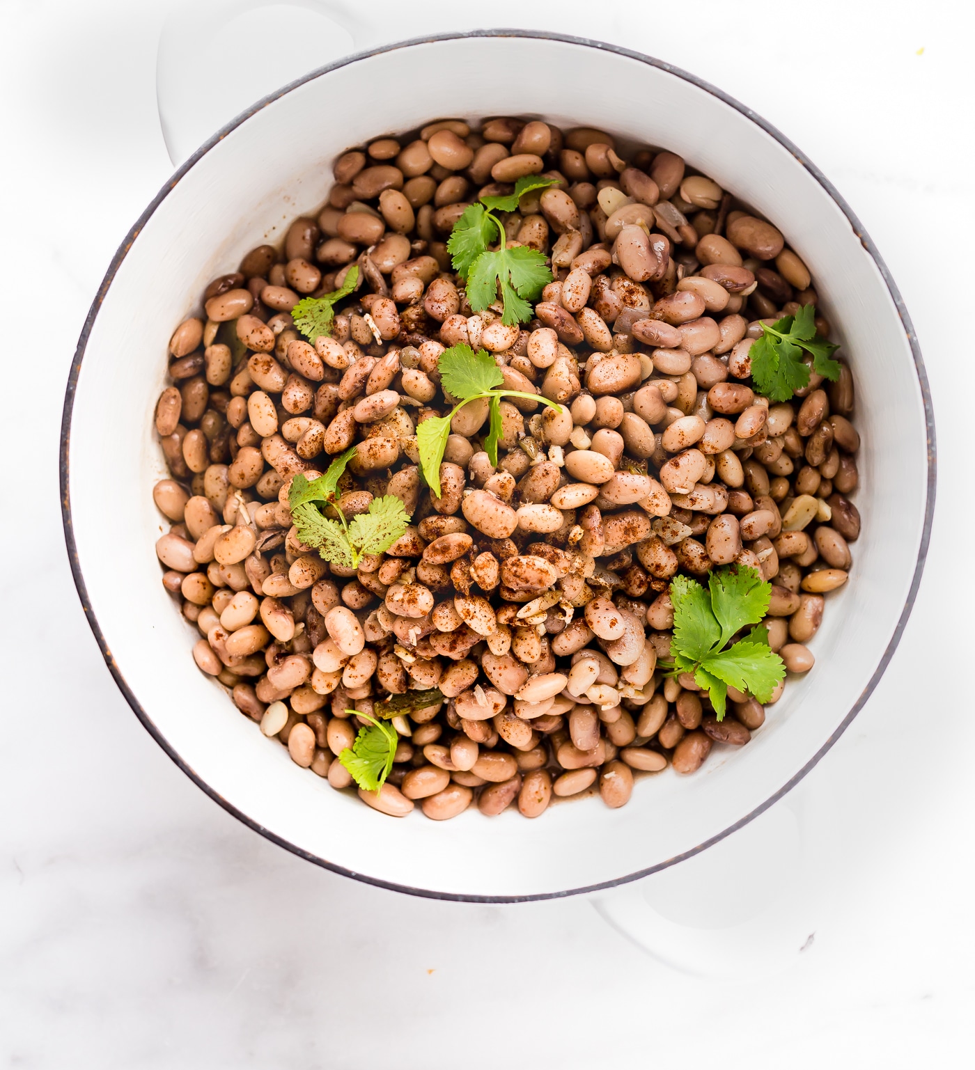 An overhead shot of a Dutch oven of pinto beans