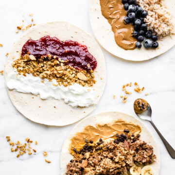 3 breakfast wraps being filled with healthy ingredients like blueberries, almond butter, oatmeal, and brown rice