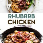 Two photos of Crispy Rhubarb Lemon Chicken Bake with a text overlay for pinterest.