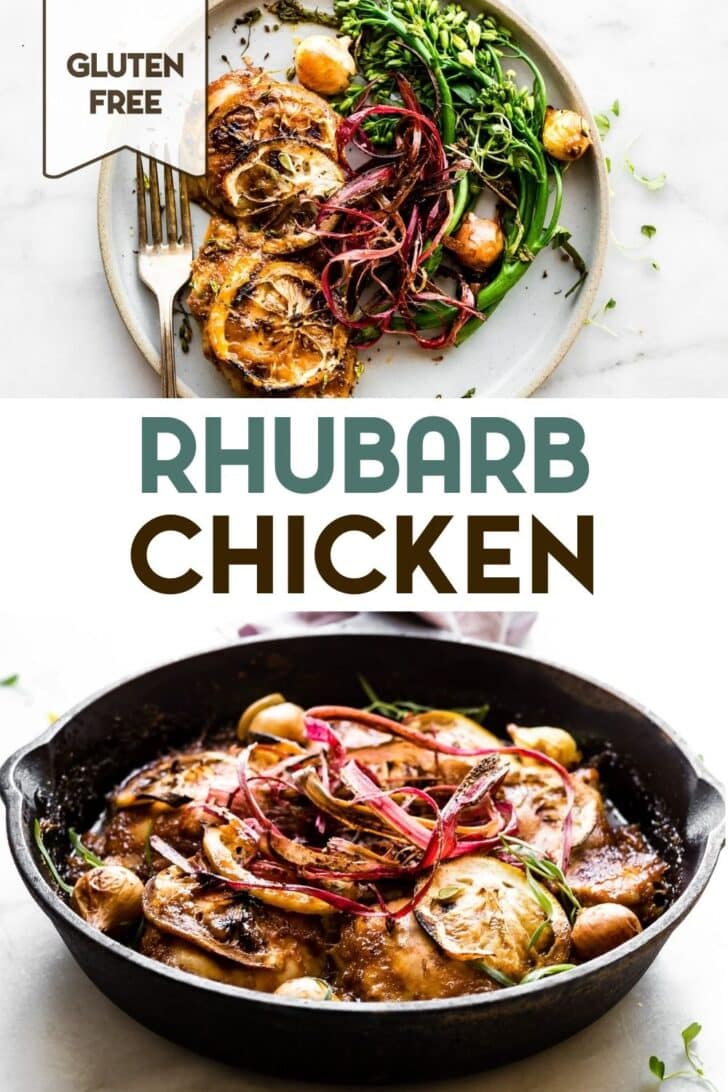 Two photos of Crispy Rhubarb Lemon Chicken Bake with a text overlay for pinterest.
