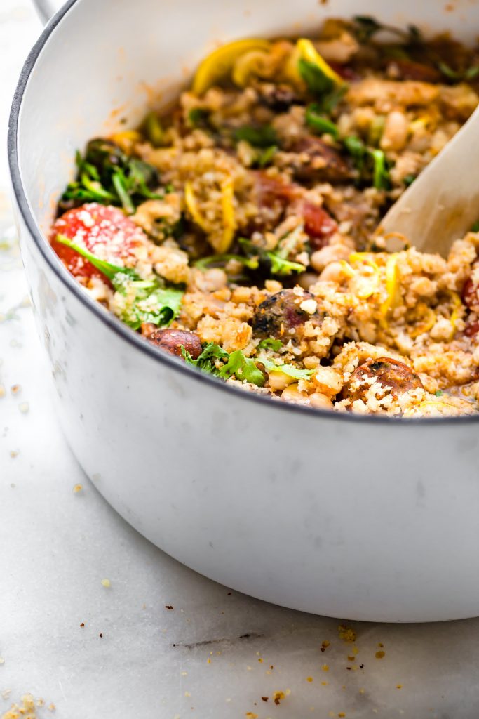 QUICK SAUSAGE CASSOULET WITH GLUTEN FREE ENGLISH MUFFIN BREADCRUMBS! Super easy one-pot meal! It's great for meal prep, a hearty breakfast, or a wholesome dinner!