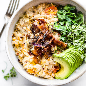 bowl of Savory Slow Cooker Oatmeal topped with crispy bacon