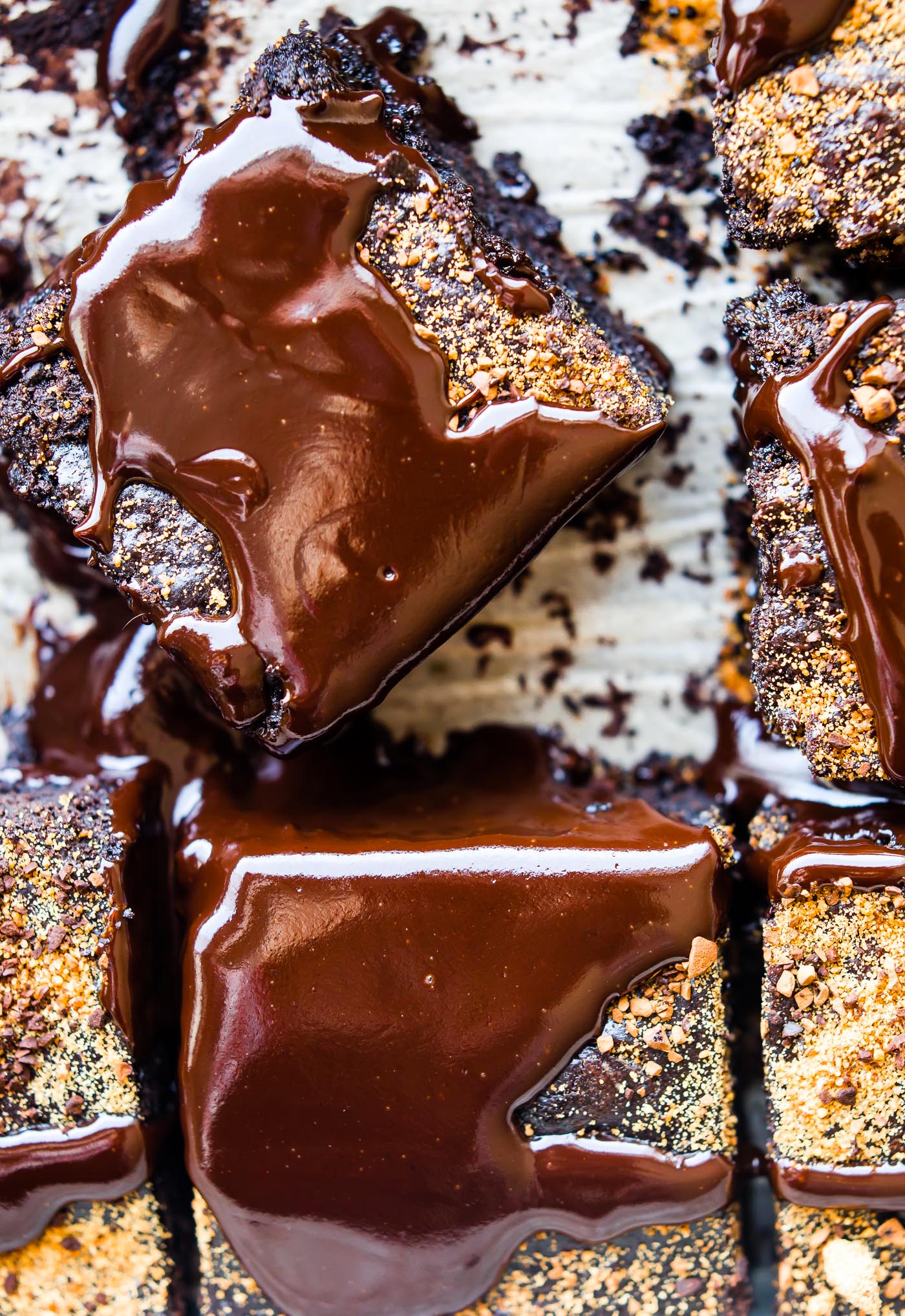 Overhead view Dirty Chai Dark Chocolate Brownie squares topped with glossy dark chocolate