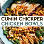 An overhead view of a chickpea chicken bowl with a text overlay for pinterest.