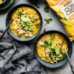 2 bowls filled with tortilla chicken verde chili made in an Instant Pot