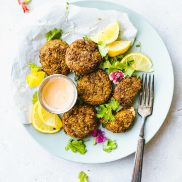 Air Fryer Sweet Potato Cauliflower Patties on white plate