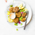 Air Fryer Sweet Potato Cauliflower Patties on white plate.