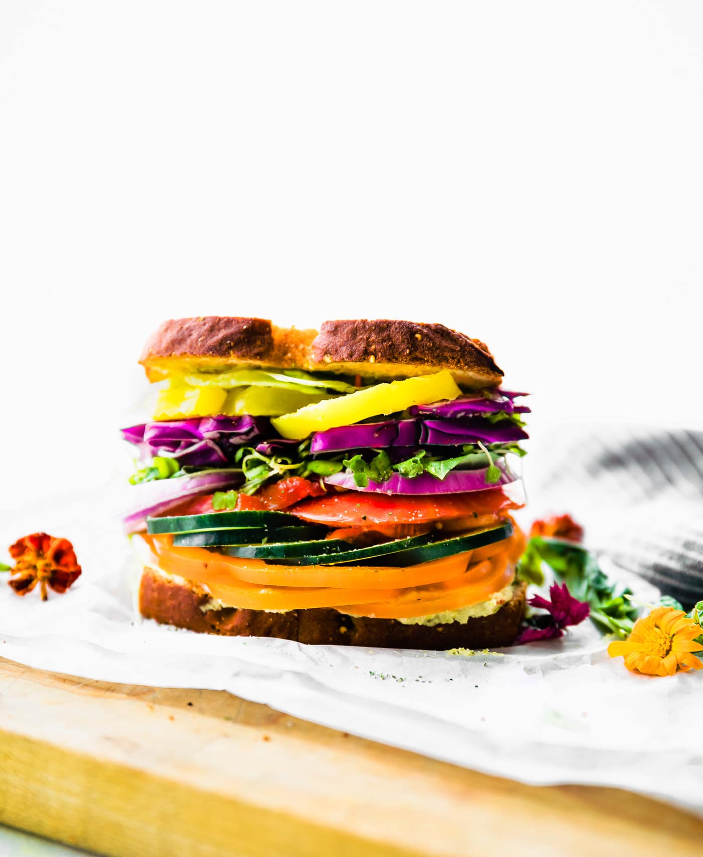 Side view Farmer's Market vegetable sandwich made with gluten free bread.