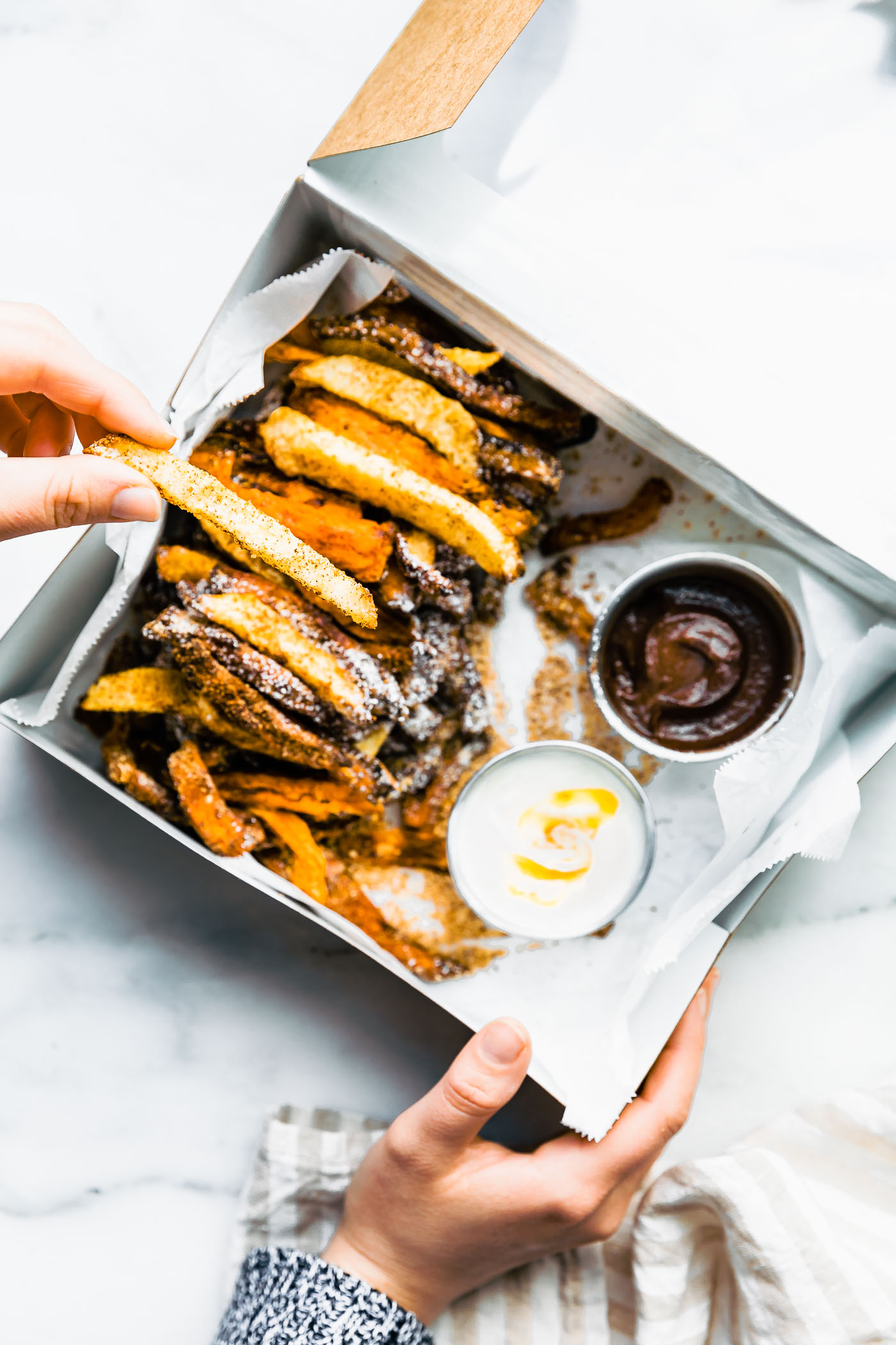 serving platter of dessert style air fryer sweet potato fries