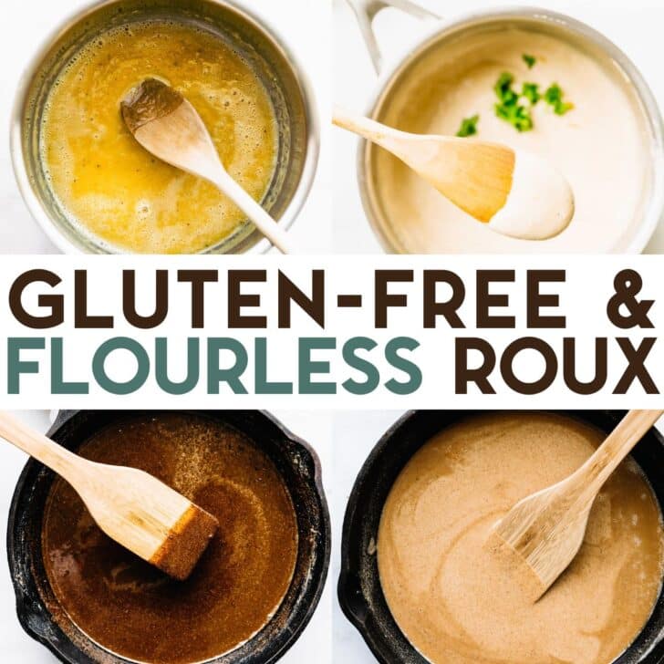 A grid of 4 photos of different cooking stages of gluten-free roux being made in a sauce pan.