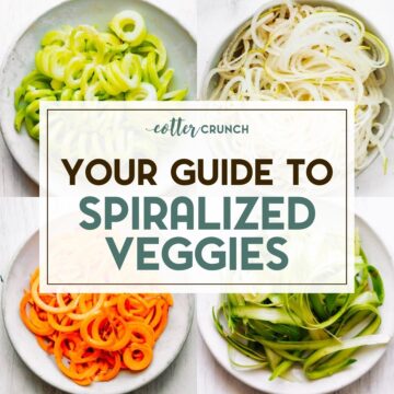 4 bowls of different spiralized veggies and fruits with a text overlay