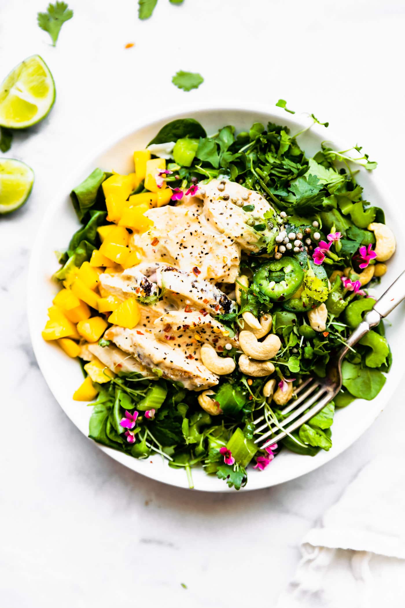 Overhead view curried chicken cut into strips over a bed of greens with mango chutney on the side.