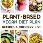 A grid of 6 Vegan Plant-Based Meal Plan recipe photos with a text overlay for pinterest.