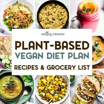 A grid of 8 Vegan Plant-Based Meal Plan recipe photos with a text overlay.