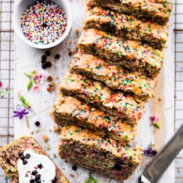 Overhead photo of sliced vegan ice cream bread on a cutting board.