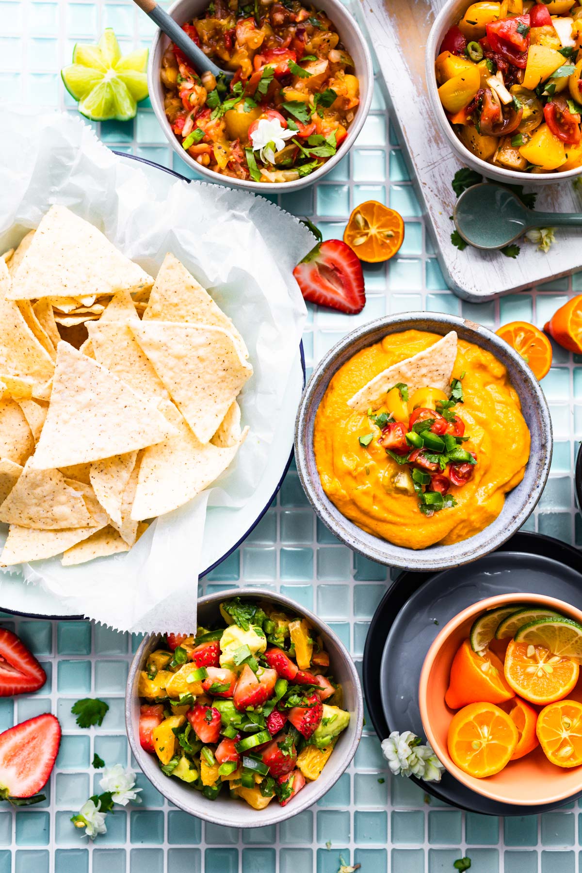 salsa snack bar with chips and homemade salsas