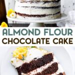 Two photos of an almond flour naked chocolate cake with a text overlay for pinterest.