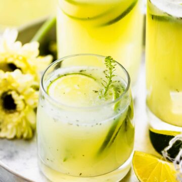 Glasses of sugar free Brazilian limeade garnished with fresh mint on drink serving tray.