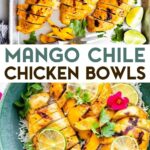 Two photos of mango chili chicken with a text overlay for pinterest.