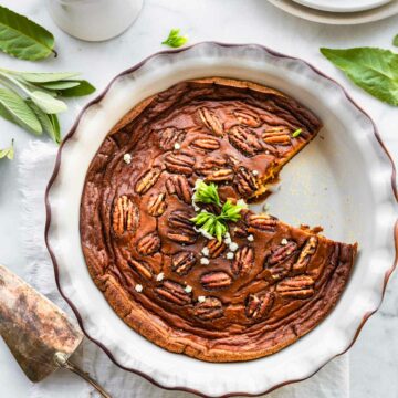 overhead photo: pie pan with paleo sweet potato pecan pie