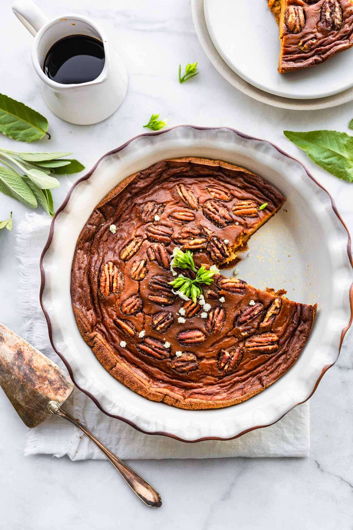 overhead view pie pan with paleo sweet potato pecan pie