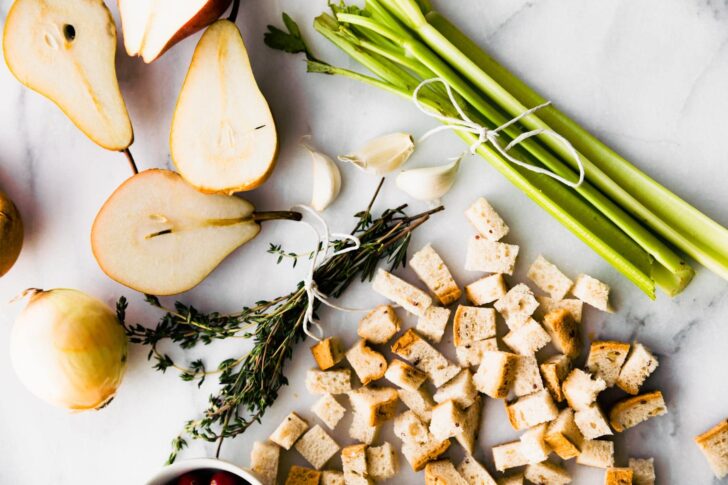 ingredients on counter to make stuffed pears with gluten free stuffing