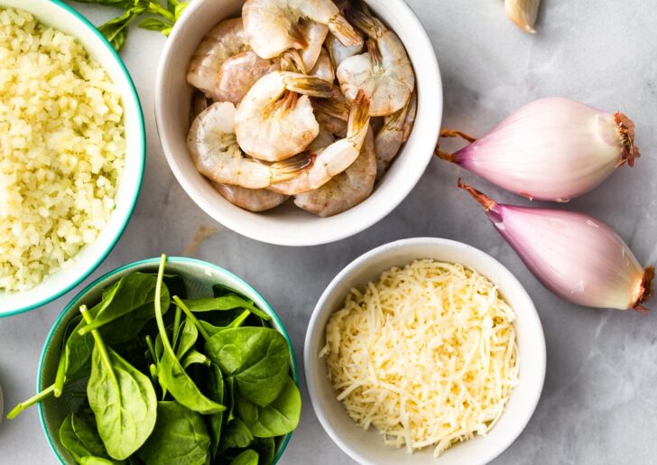 prepped ingredients to make shrimp cauliflower risotto recipe