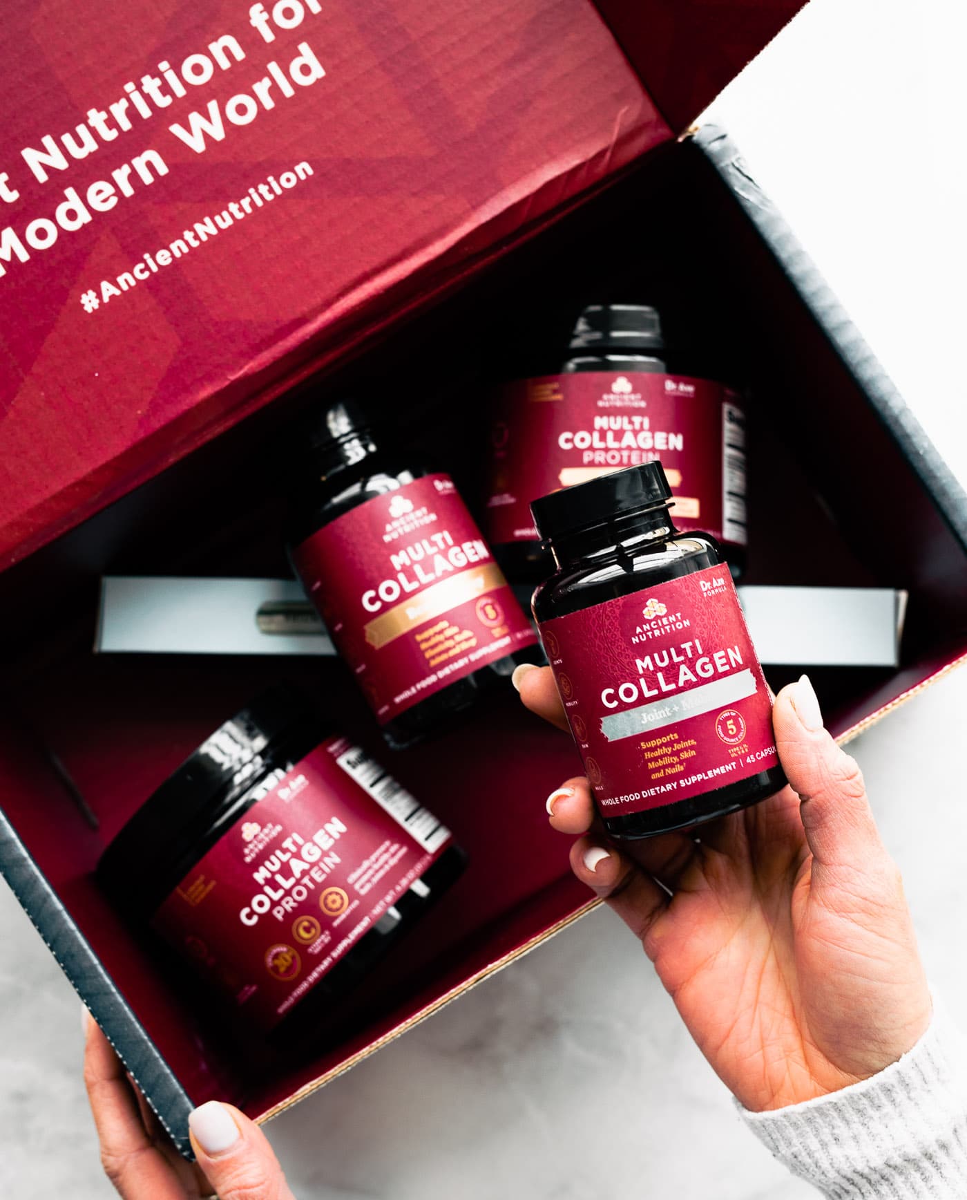 Bottles of Ancient Nutrition brand multi collagen protein products.
