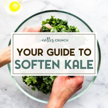 overhead photo of womans' hands softening kale by massaging kale in a bowl