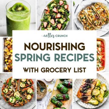 A grid of 8 photos of Nourishing Recipes for Spring with a text overlay.